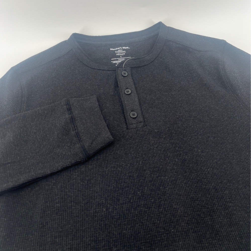 Member's Mark Mens Thermal Henley Shirt Black Long Sleeve Waffle Knit L NEW